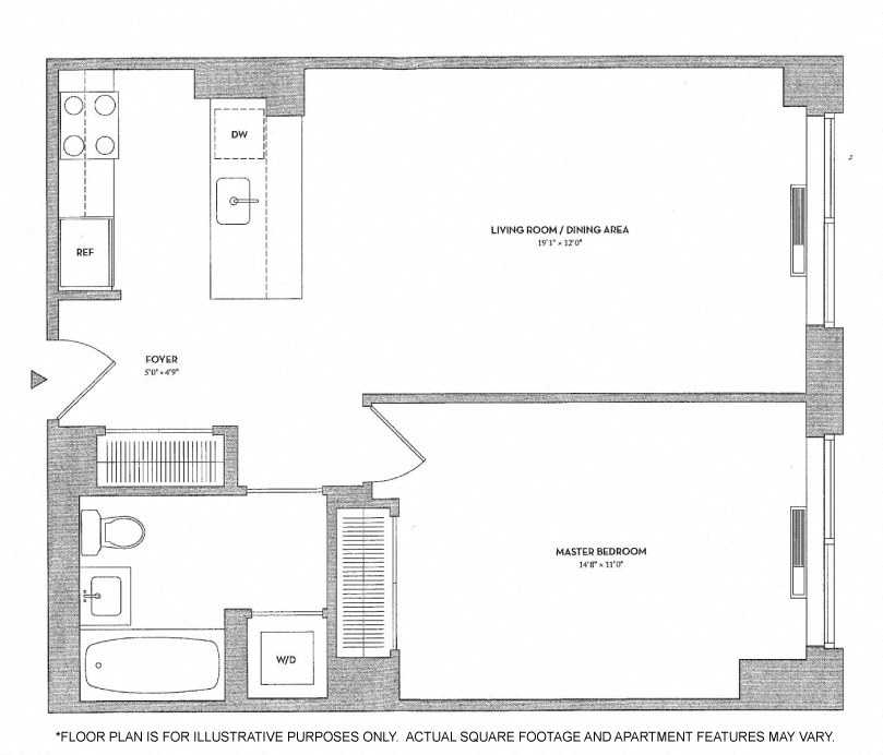 Floor plan for 1 bed, 1 bath, 676 sqft