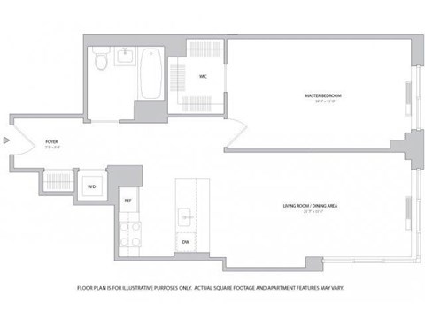 Floor plan for 1 bed, 1 bath, 796 sqft