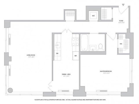 Floor plan for 1 bed, 1 bath, 962 sqft