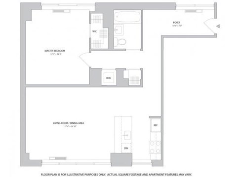 Floor plan for 1 bed, 1 bath, 910 sqft