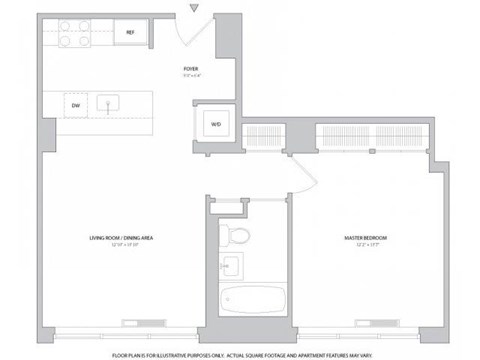 Floor plan for 1 bed, 2 baths, 906 sqft