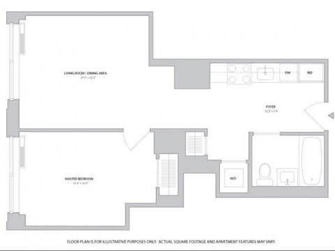 Floor plan for 1 bed, 1 bath, 595 sqft