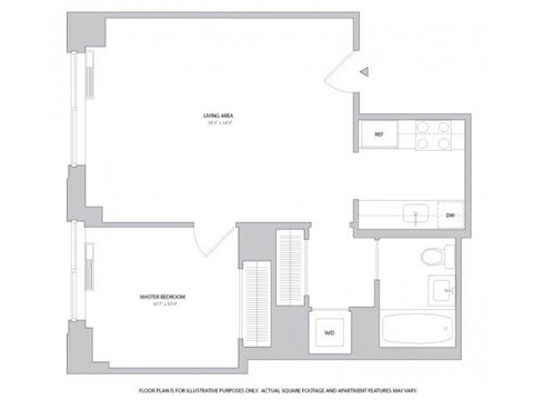 Floor plan for 1 bed, 1 bath, 624 sqft