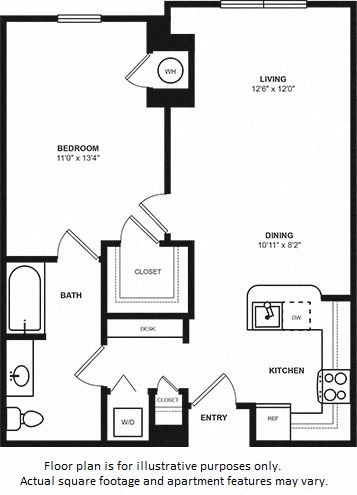Floor plan for 1 bed, 1 bath, 697 sqft