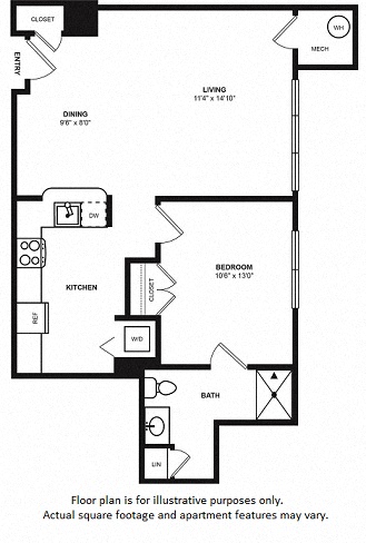 Floor plan for 1 bed, 1 bath, 750 sqft