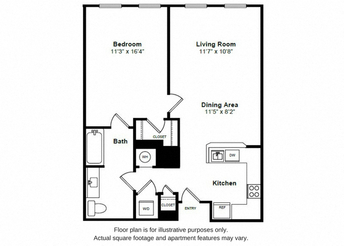 Floor plan for 1 bed, 1 bath, 712 sqft