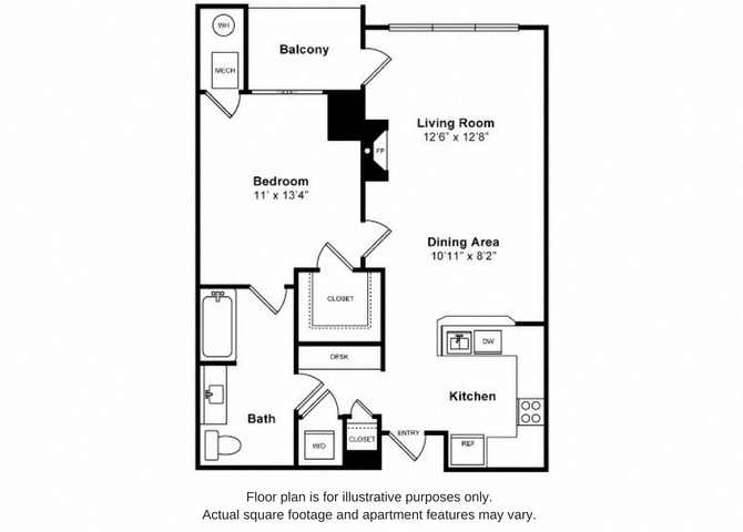 Floor plan for 1 bed, 1 bath, 719 sqft
