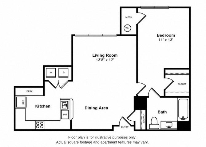 Floor plan for 1 bed, 1 bath, 774 sqft