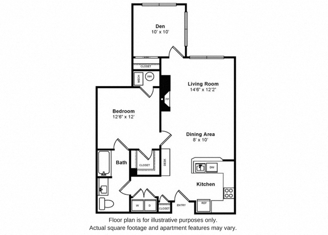 Floor plan for 1 bed, 1 bath, 923 sqft