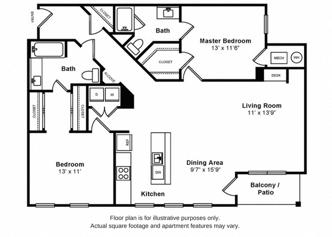 Floor plan for 2 beds, 2 baths, 1252 sqft
