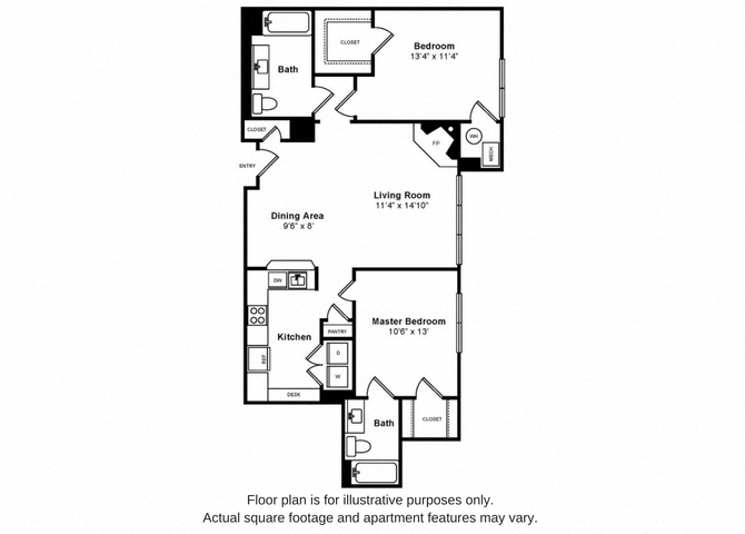 Floor plan for 2 beds, 2 baths, 1071 sqft