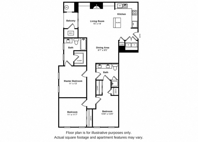 Floor plan for 3 beds, 2 baths, 1340 sqft