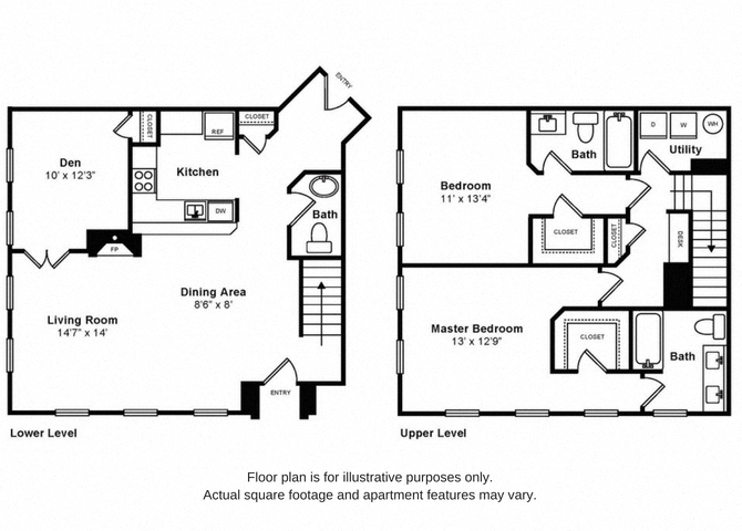 Floor plan for 3 beds, 2.5 baths, 1538 sqft