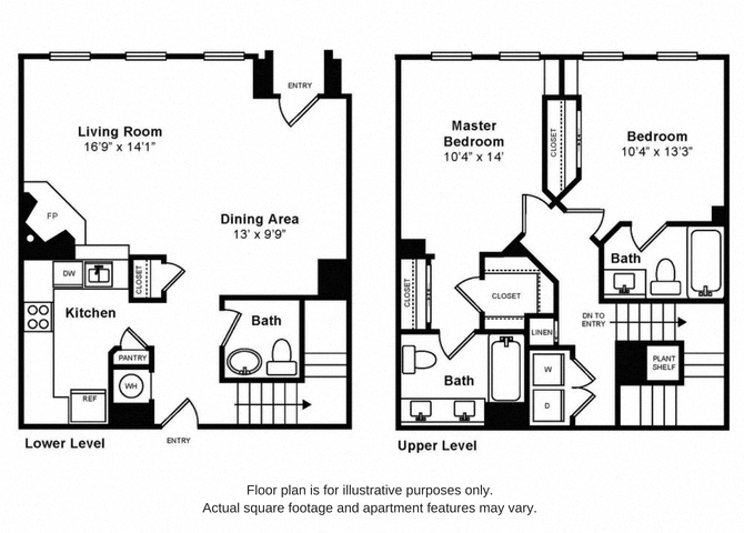 Floor plan for 2 beds, 2.5 baths, 1237 sqft