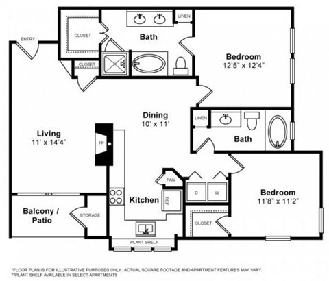 Floor plan for 2 beds, 2 baths, 1062 sqft