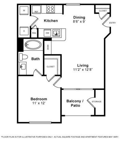 Floor plan for 1 bed, 1 bath, 629 sqft