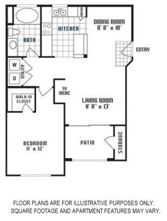 Floor plan for 1 bed, 1 bath, 688 sqft