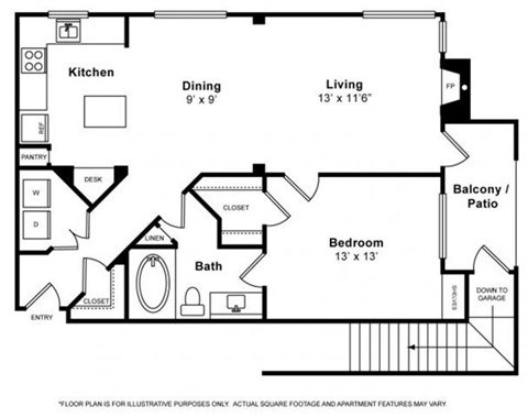 Floor plan for 1 bed, 1 bath, 779 sqft