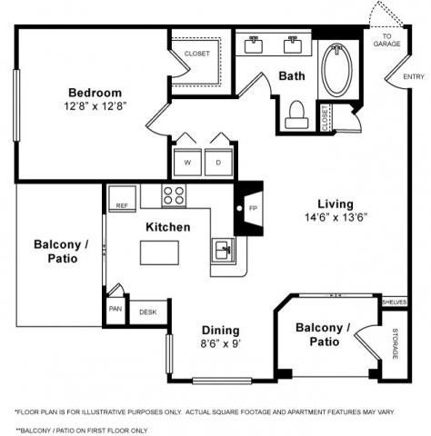 Floor plan for 1 bed, 1 bath, 821 sqft