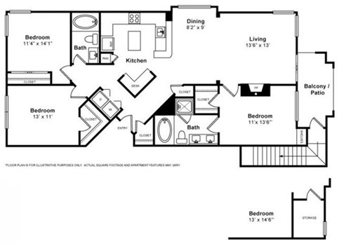 Floor plan for 3 beds, 2 baths, 1379 sqft