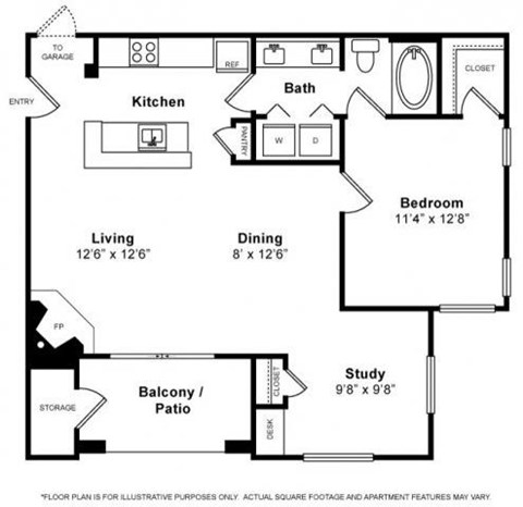 Floor plan for 1 bed, 1 bath, 817 sqft