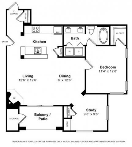Floor plan for 1 bed, 1 bath, 859 sqft