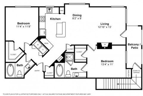Floor plan for 2 beds, 2 baths, 1045 sqft