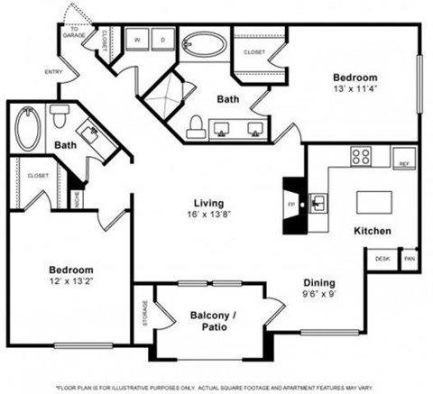 Floor plan for 2 beds, 2 baths, 1189 sqft