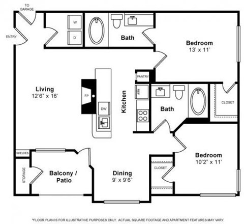 Floor plan for 2 beds, 2 baths, 1011 sqft