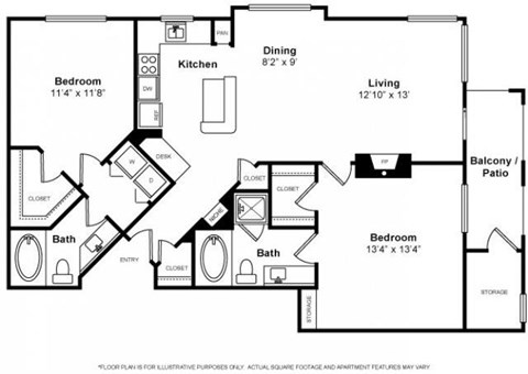 Floor plan for 2 beds, 2 baths, 1102 sqft
