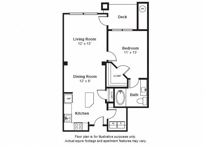 Floor plan for 1 bed, 1 bath, 701 sqft
