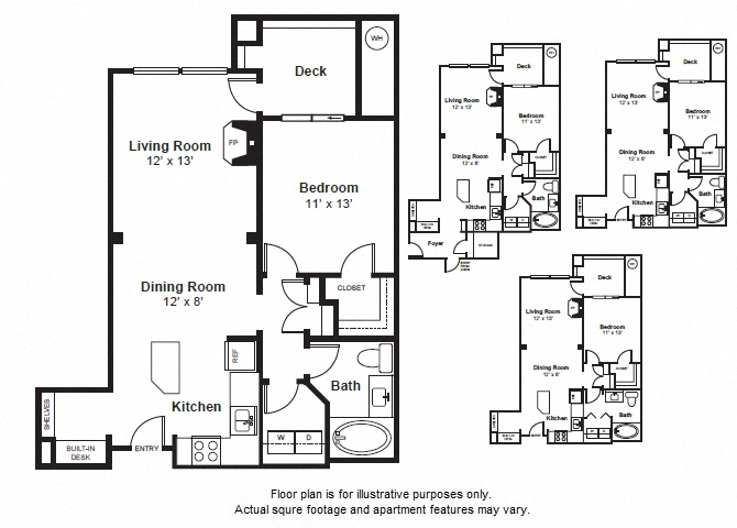 Floor plan for 1 bed, 1 bath, 884 sqft