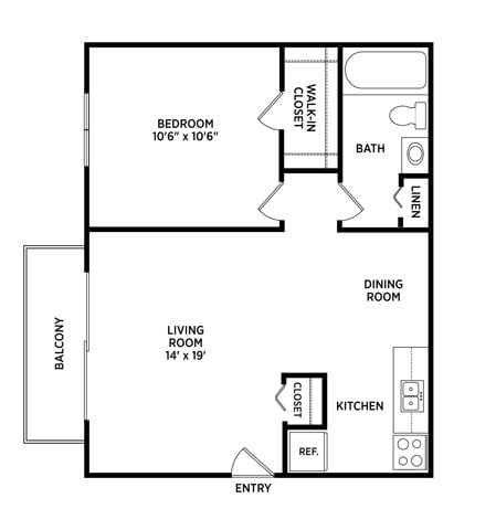 Floor plan for 1 bed, 1 bath, 580 sqft