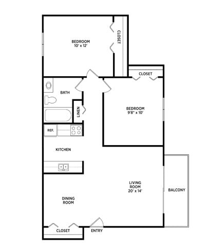 Floor plan for 2 beds, 1 bath, 800 sqft