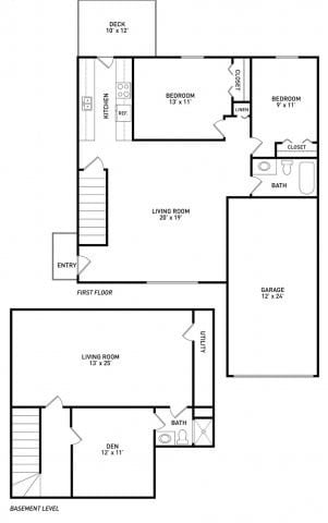 Floor plan for 2 beds, 2 baths, 855 sqft