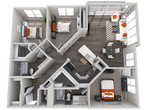 Floor plan for 3 beds, 2 baths, 1412 sqft