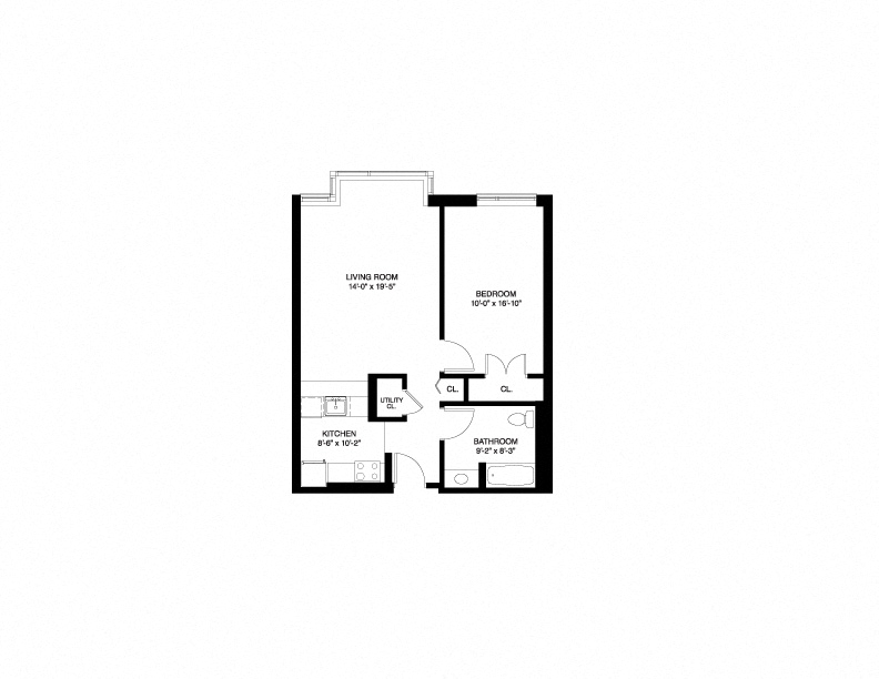 Floor plan for 1 bed, 1 bath, 695 sqft