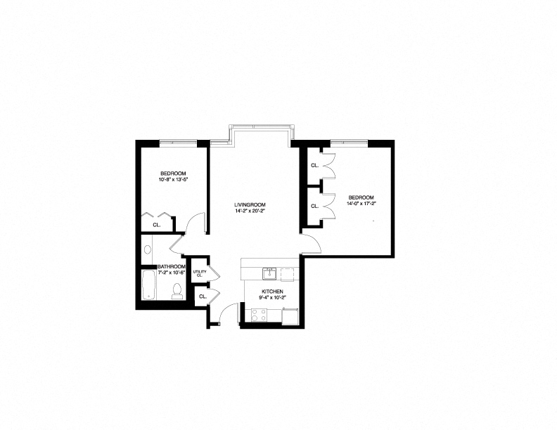 Floor plan for 2 beds, 1 bath, 1060 sqft