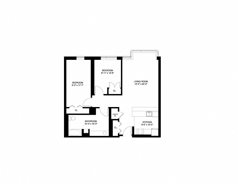 Floor plan for 2 beds, 1 bath