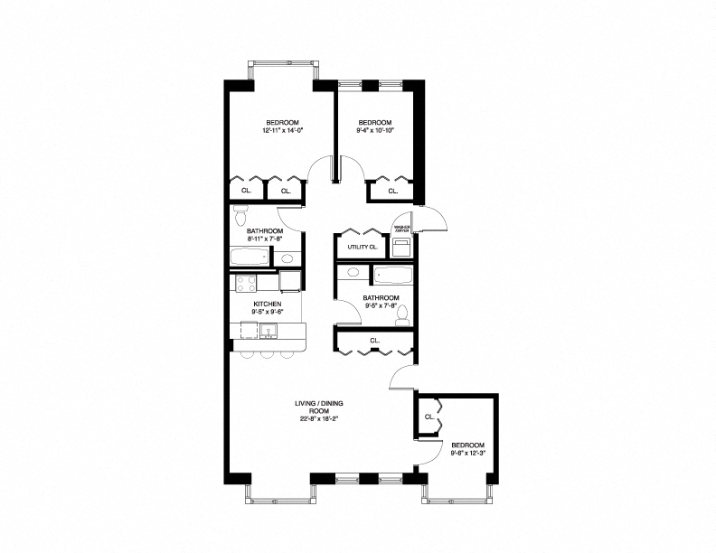 Floor plan for 3 beds, 2 baths, 1370 sqft
