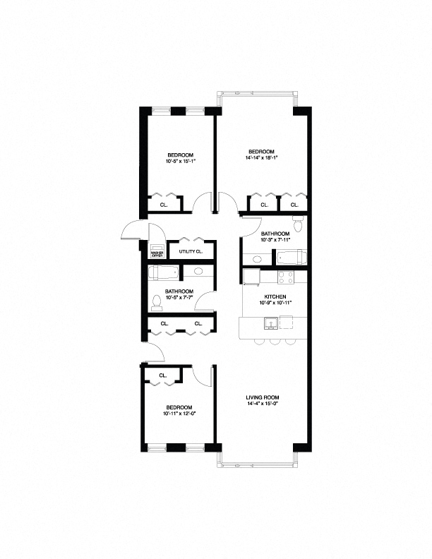Floor plan for 3 beds, 2 baths