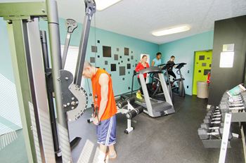 Fitness studio with stationary bikes, elliptical, treadmills, weight machines, and free weights