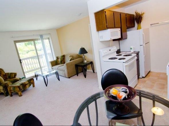 East Lansing apartment for rent - a living room with a kitchen and a table