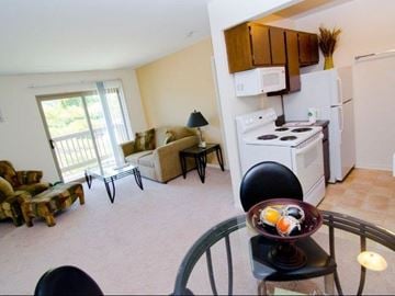 East Lansing apartment for rent - a living room with a kitchen and a table