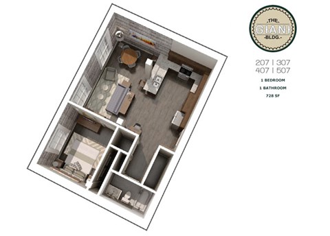 Floor plan for 1 bed, 1 bath, 728 sqft