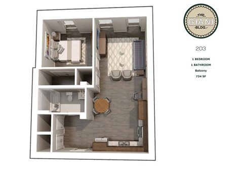 Floor plan for 1 bed, 1 bath, 734 sqft