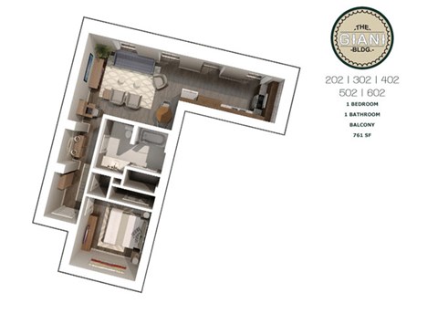 Floor plan for 1 bed, 1 bath, 761 sqft