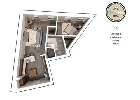 Floor plan for 1 bed, 1 bath, 797 sqft