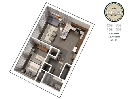 Floor plan for 1 bed, 1 bath, 832 sqft