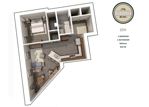 Floor plan for 1 bed, 1 bath, 835 sqft